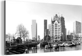 Wanddecoratie Metaal - Aluminium Schilderij Industrieel - De Oudehaven van Rotterdam - zwart wit - 40x20 cm - Dibond - Foto op aluminium - Industriële muurdecoratie - Voor de woonkamer/slaapkamer