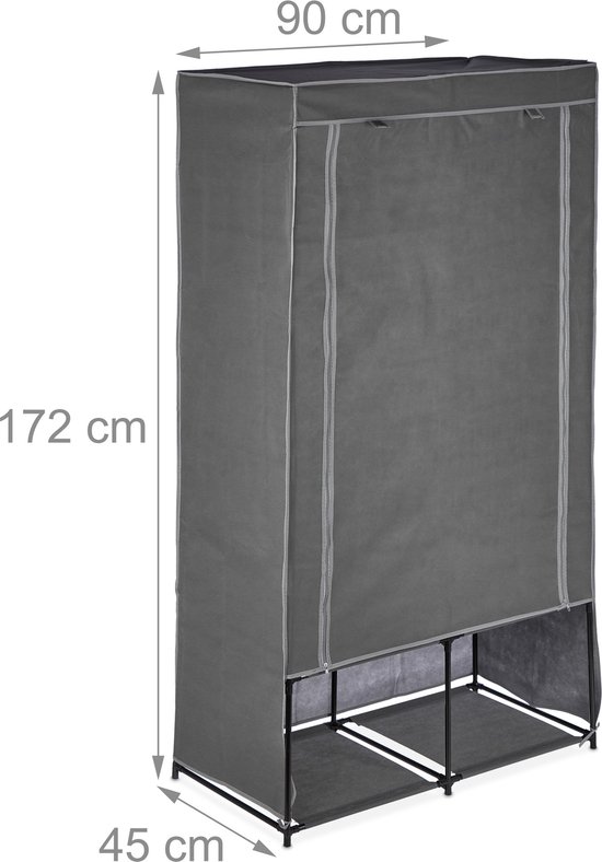 Afmetingen van een grijze stoffen kledingkast: 172 cm hoog, 90 cm breed en 45 cm diep.