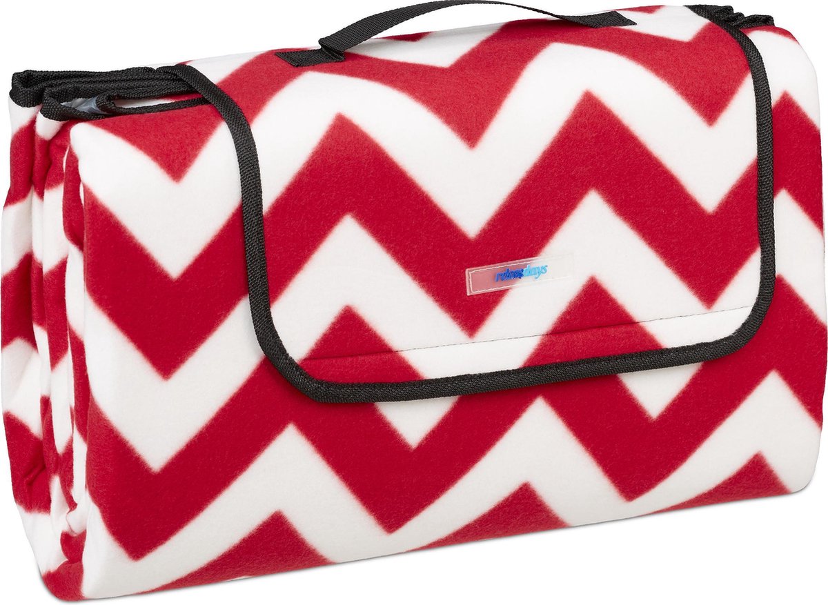 Relaxdays Picknickkleed zigzag - rood-wit - picknicklaken - 200x200 - strandlaken - fleece