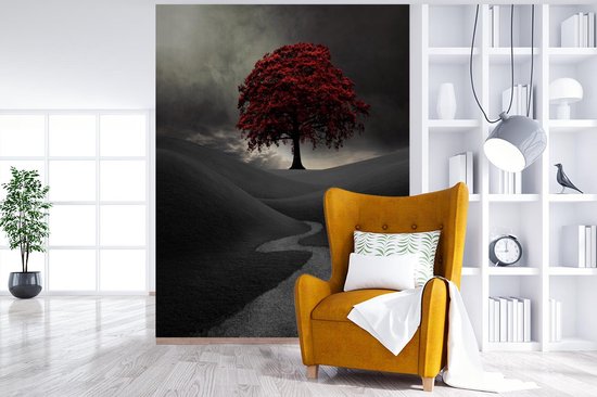Papier peint vinyle - Une photo noir et blanc avec un grand arbre rouge largeur 190 cm x hauteur 260 cm - Tirage photo sur papier peint (disponible en 7 tailles)