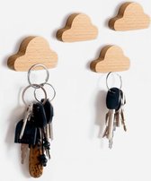 Set van 4 houten sleutelhouders (wolkje, magnetisch, beukenhout)