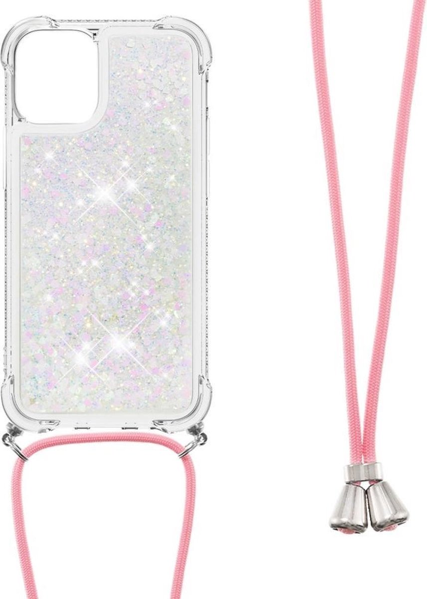 Lunso - Backcover hoes met koord - Geschikt voor iPhone 13 - Glitter Zilver