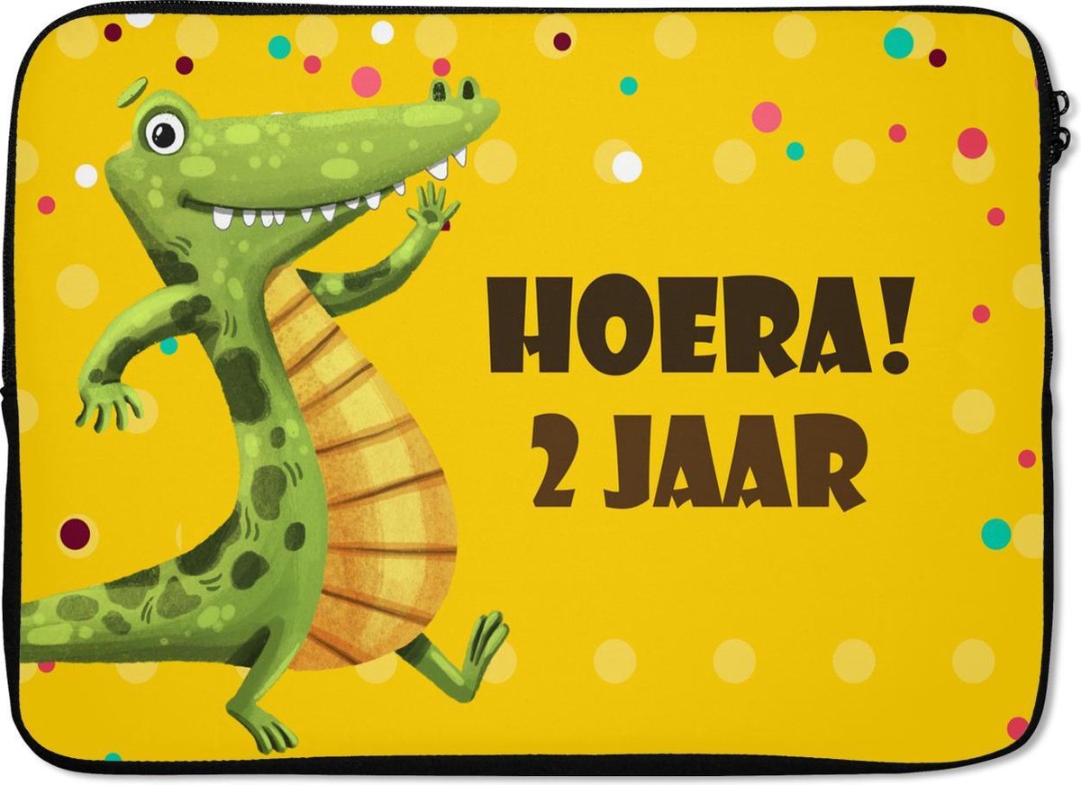 Laptophoes 14 inch - Verjaardag kind - Cadeau - Dinosaurus - Laptop sleeve - Binnenmaat 33x23 cm - Zwarte achterkant