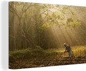 Canvas Schilderij Indonesische boer is aan het werk in het zonlicht - 30x20 cm - Wanddecoratie
