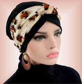 Set van chemo beanie zwarte chemomuts en hoofdband velvet dierprint beige bruin maat one size
