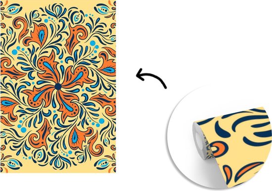 Motif carré et abstrait avec une fleur entourée de feuilles bleues sur fond jaune 225x350 cm