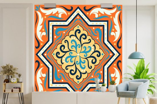 Motif carré avec une étoile sur fond orange avec décorations 240x240 cm