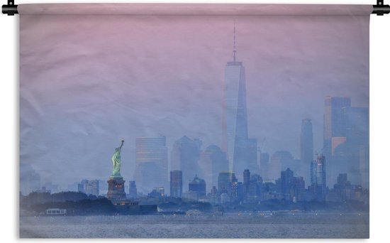 Wandkleed - Wanddoek - Vrijheidsbeeld en de skyline van New York - 180x120 cm - Wandtapijt