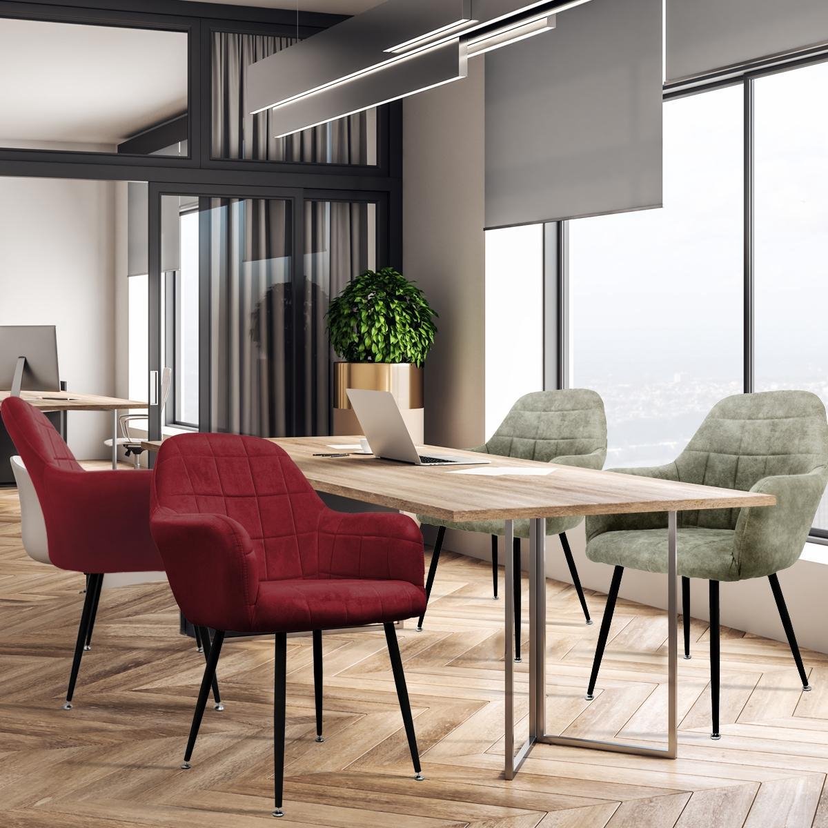 ecd germany Set van 4 Eetkamerstoelen Eetkamerstoel met rugleuning en armleuningen 2x Bordeaux 2x Olijf Fluweel / Microleer, Metalen Poten Keukenstoelen Woonkamerstoel Gestoffeerde Stoel Design Stoel Groen, Zwart