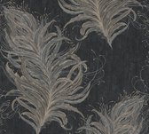 Livingwalls Mata Hari - Natuur behang - Veren met glitters - zwart goud grijs - 1005 x 53 cm