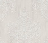 Livingwalls Mata Hari - Barok ornamenten behang - Kroonluchter met kralenpatroon - wit grijs zilver - 1005 x 53 cm