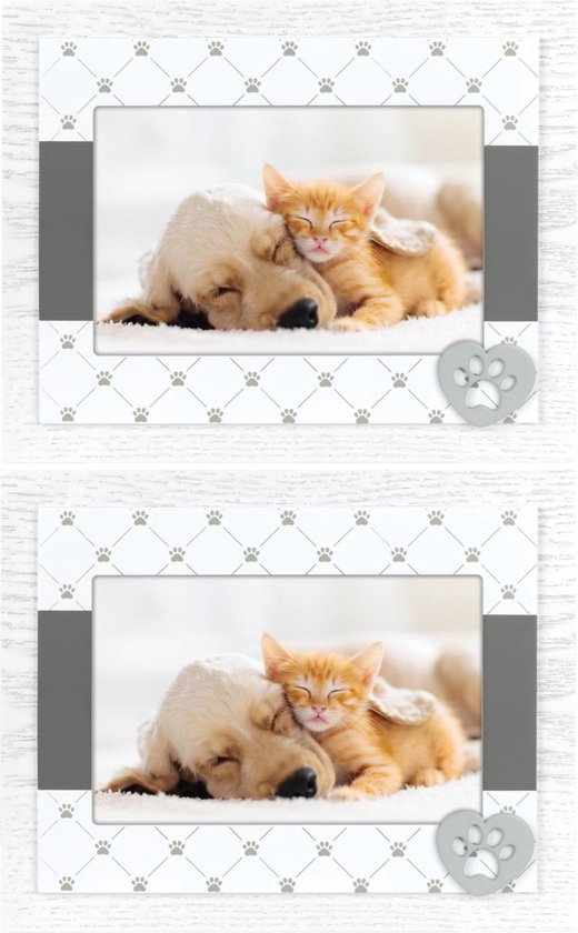 2x stuks houten fotolijstje wit/grijs met honden/katten pootje geschikt voor een foto van 10 x 15 cm