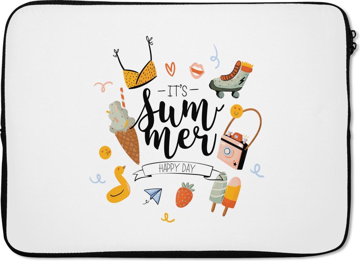 Laptophoes 14 inch - Zomer - Bikini - Aardbei - Laptop sleeve - Binnenmaat 33x23 cm - Zwarte achterkant