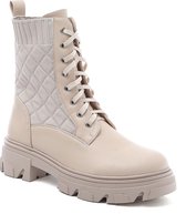 WELOVESHOES® Biker boots, Veterboots met Hak - Imitatieleer, Stof - Beige - Maat 40