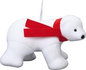 Kerstdieren: 4-poots eerste prijs beer met sjaal - H 17 x B 25 x 14 cm - Wit en rood