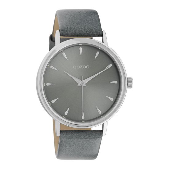 OOZOO Timepieces - Zilveren horloge met aqua grijze leren band - C10828 - Ø42