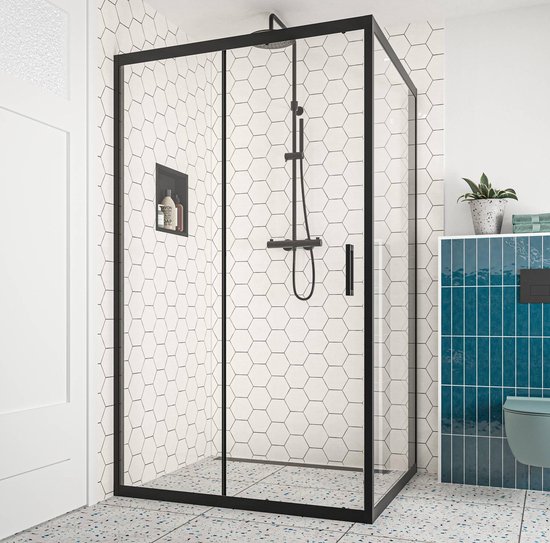Saqu Sturdy Douchecabine - met Schuifdeur - 100x100x200 cm - Veiligheidsglas - Antikalk - Mat Zwart - Douchewand