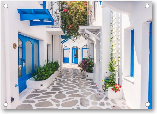 Grieks Straatje - Griekenland - Tuinposter 70x50 - Wanddecoratie - Bloemen