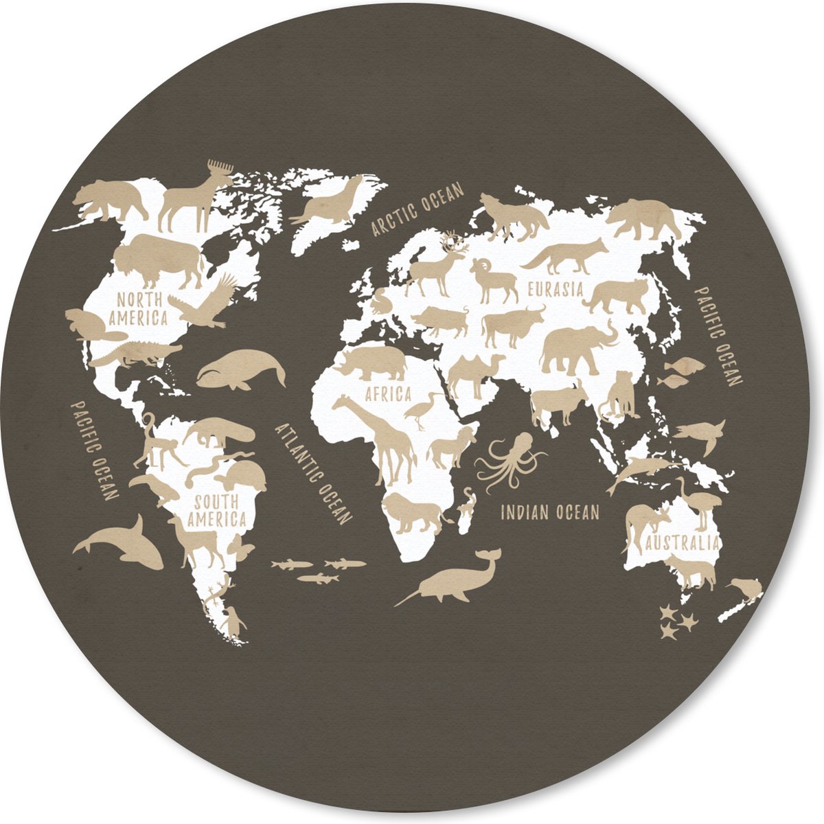 Muismat rond 20x20 cm - Mousepad Wereldkaart - Wit - Dieren - Ronde muismatten