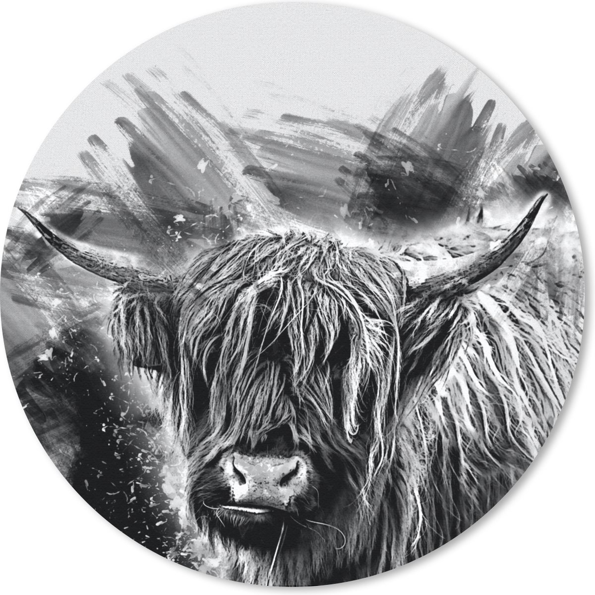 Muismat rond 30x30 cm - Mousepad Schotse hooglander - Verf - Zwart - Wit - Ronde muismatten