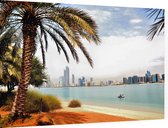 De skyline van Abu Dhabi achter een palmboom - Foto op Dibond - 90 x 60 cm