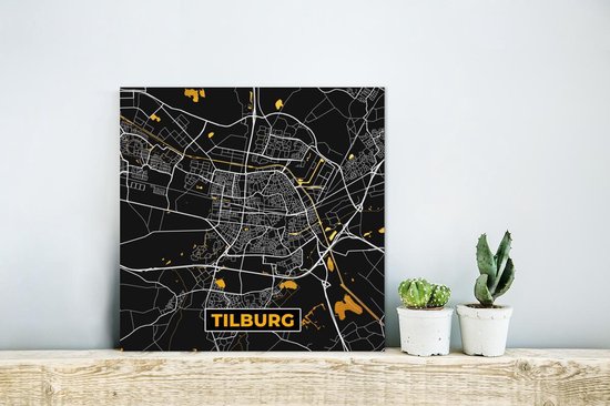 Décoration murale Métal - Peinture Aluminium - Plan de Ville - Tilburg - Or - Zwart - 20x20 cm - Carte