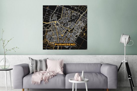Décoration murale Métal - Peinture Aluminium - Plan de Ville - Purmerend - Or - Zwart - 90x90 cm - Carte