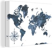 Wanddecoratie Wereldkaart - Blauw - Wit - Canvas - 120x90 cm