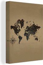 Wanddecoratie Wereldkaart - Vintage - Kompas - Canvas - 120x160 cm