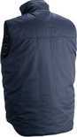 Achterkant van een donkerblauwe bodywarmer met hoge kraag.