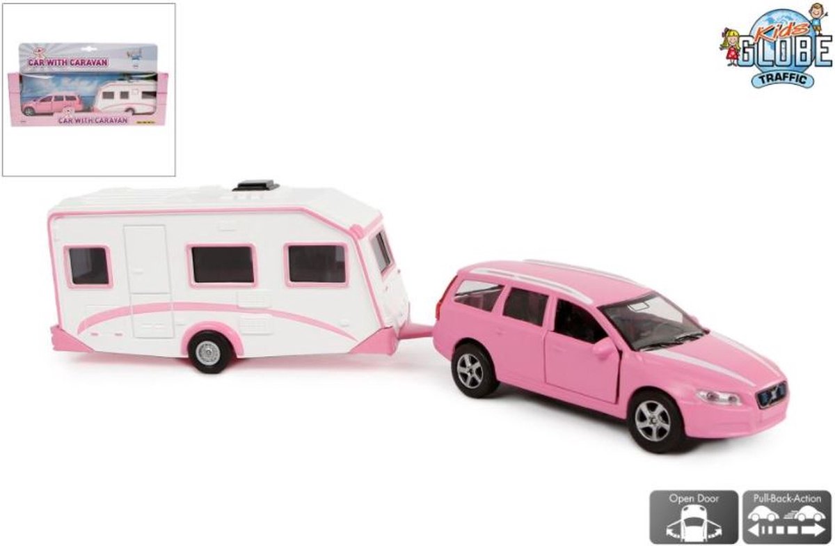 Kids Globe Die-cast Volvo V70 met Caravan - Roze, 30cm — afbeelding 3