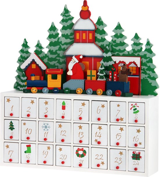 Spielwerk Adventskalender Winterlandschap - 24 Lades Hout 38x8x42 - Wit