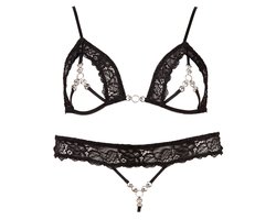Abierta Fina – Sexy Extravagante Verleidings Lingerie Set met Strass Elementen voor Openheid met Klasse – Maat L – Zwart