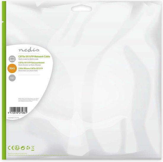 Nedis - Câble réseau Nedis CCGP85121GY75 Cat5e Sf / UTP Rj45 Mâle - Rj45 Mâle 7,5 M Gris - Garantie de remboursement de 30 jours