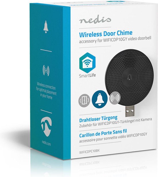 Nedis SmartLife draadloze deurbelgong, WIFICDP10GY, zwart, met USB-aansluiting en bel-icoon.