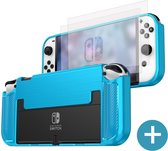 Nintendo Switch OLED case - TPU Beschermhoes - Carbon Blauw - met 2x Screenprotector van Glas