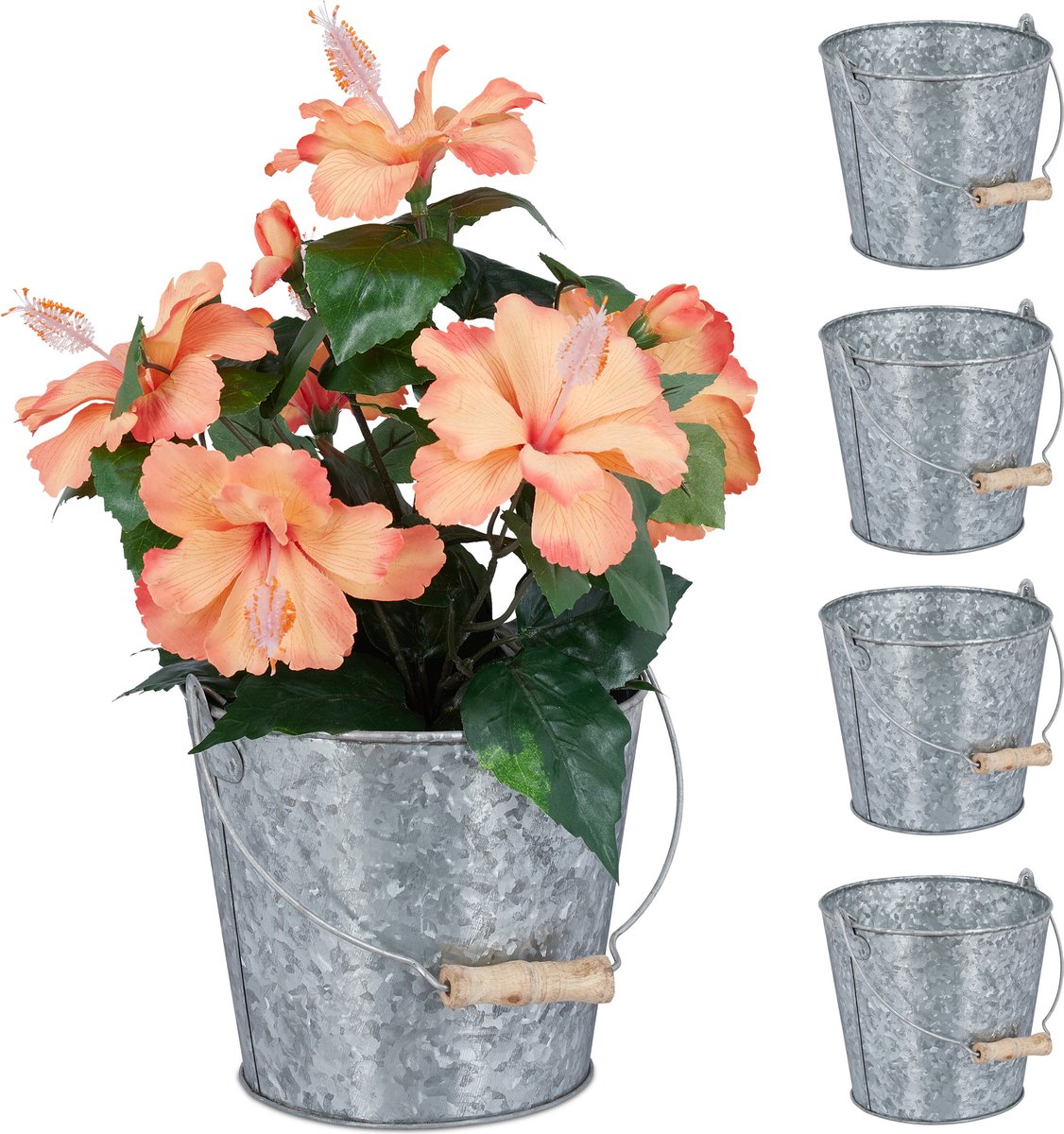 bloempot - zink - set van 5 - Ø 17cm - met handvat - binnen - buiten - zilver