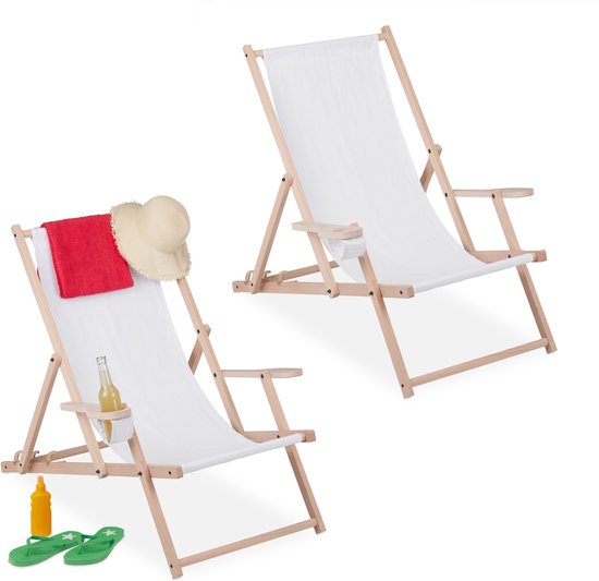Stier Inspectie badge Relaxdays strandstoel hout set van 2 - met armleuning - inklapbare ligstoel  - wit - wit | bol.com