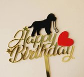 Acryl taart topper Happy Birthday goud met zwarte puppy en een rood hartje - hond - taart - puppy - verjaardag