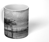 Mok - Pine trees in the fen - Vincent van Gogh - Zwart - Wit - 350 ML - Beker