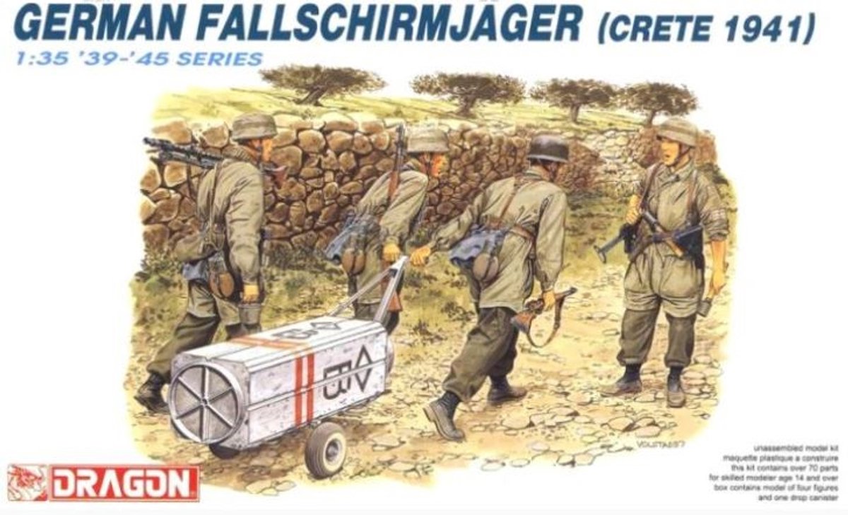 Dragon Modelbouwpakket Militaire voertuigen - 6070 Duitse Fallschirmjäger Kreta 1941 WWII - 4 Figuren en 1 Transportkarretje Plastic - 1:35 - Modelbouw