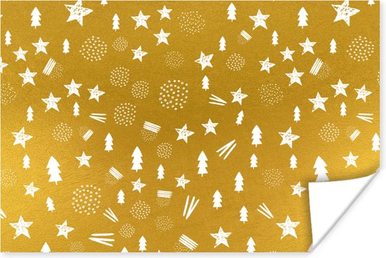 Poster Kerst - Goud - Patroon - 30x20 cm - Kerstmis Decoratie - Kerstversiering - Kerstdecoratie Woonkamer - Kerstversiering - Kerstdecoratie voor binnen - Kerstmis