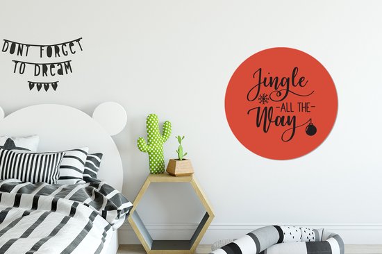 Citation de Noël Jingle tout le chemin sur un fond rouge Sticker papier peint cercle mural - 50x50 cm - peinture ronde - cercle de papier peint - cercle mural - cercle vivant - autocollant et coupe ronde