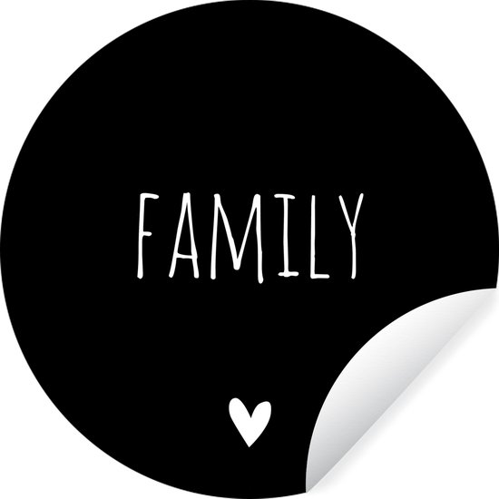 WallCircle - Muurstickers - Behangcirkel - Engelse quote "Family" op een zwarte achtergrond - 100x100 cm - Muurcirkel - Zelfklevend - Ronde Behangsticker XXL