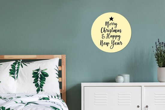Citation de Noël Joyeux Noël et Happy année sur un fond jaune cercle mur plaque en plastique - ⌀ 30 cm - peinture ronde - impression photo en plastique (forex) cercle cercle / vie mur / (décoration murale)