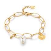 Twice As Nice Armband in goudkleurig edelstaal, schakelketting met parel en kristal  17 cm+3 cm