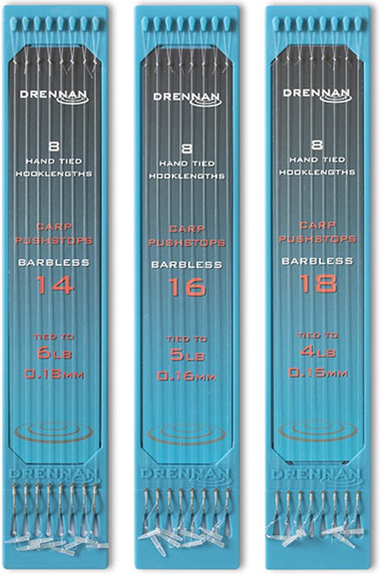 Drennan Lignes inférieures Carp Pushstops Barbless (8 pcs) - Taille: 15cm - hameçon 14 - 0.18mm
