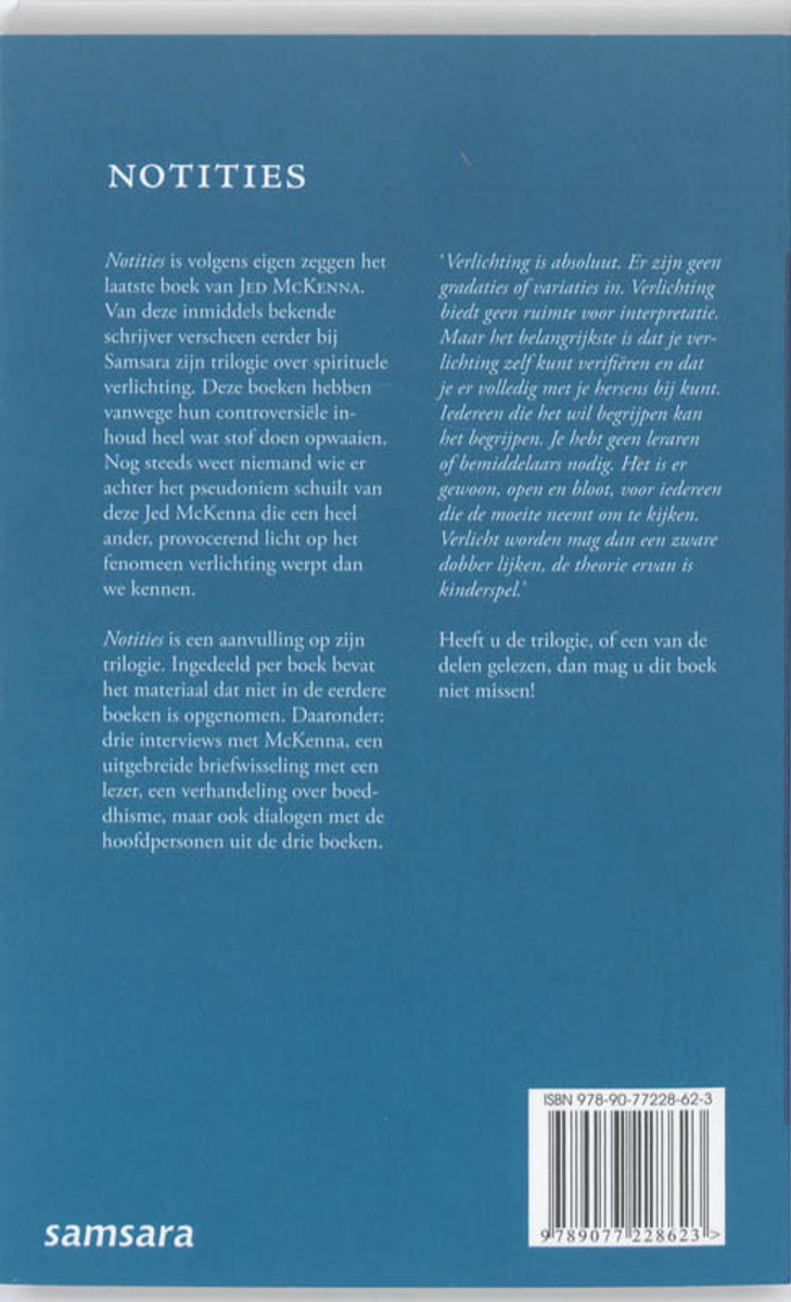 Achterkant van een boek met de titel Notities, met tekst en ISBN.