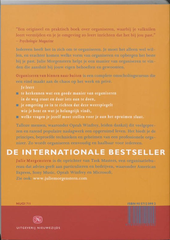 Achterkant van een boek met de titel 'Organiseren van binnen naar buiten' door Julie Morgenstern. Bevat een citaat en een beschrijving van de auteur.