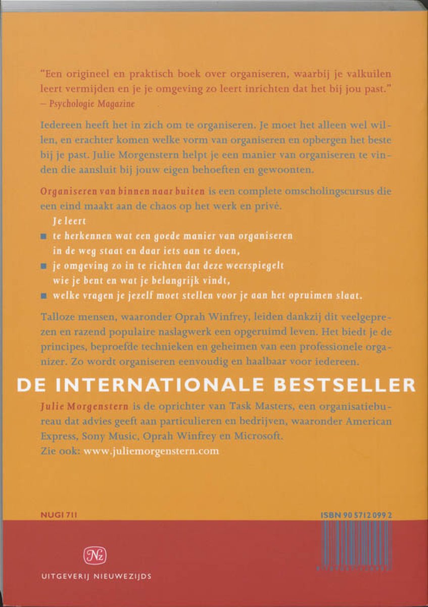 Achterkant van een boek met de titel 'Organiseren van binnen naar buiten' door Julie Morgenstern. Bevat een citaat en een beschrijving van de auteur.